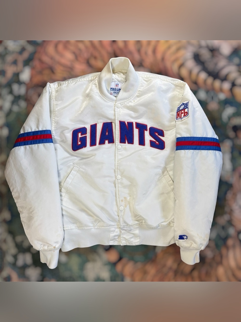 VTG 90s NFL NEW YORK GIANTS STARTER SATIN BOMBER JACKET WHITE MADE IN USA LARGE